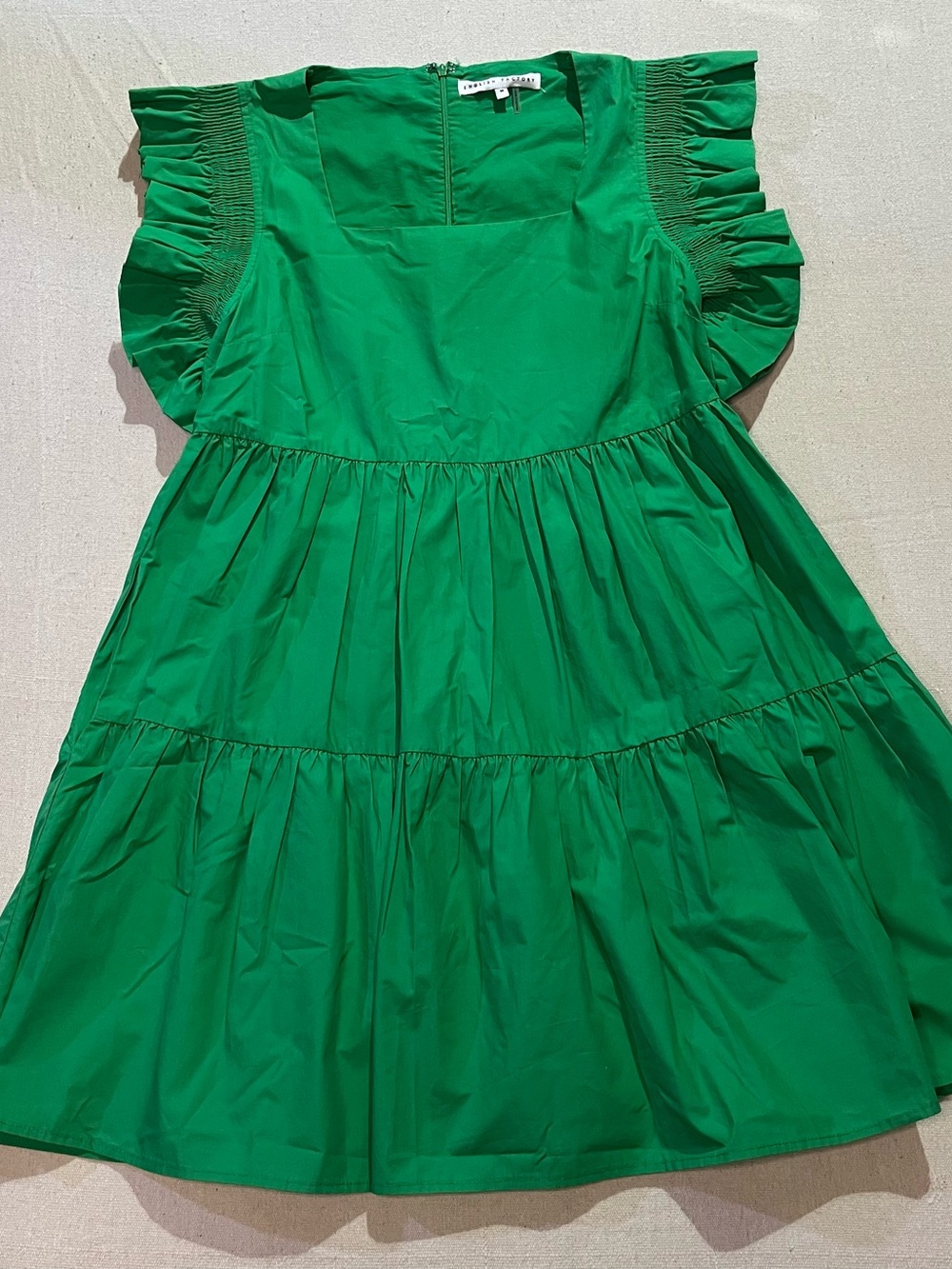 English Factory Kelly Green Tiered Mini Dress, Ruffle Flutter Sleeves Sz M